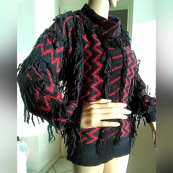 VINTAGE SWEATER RED & BLACK FRINGE BY SUNBOW 2 SZ. MED VERY UNIQUE - Picture 5 of 7